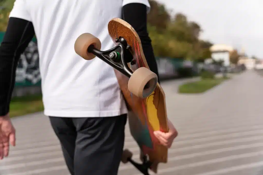 Pessoa segurando um longboard de madeira com design colorido enquanto caminha em uma calçada arborizada. Vestindo camiseta branca com mangas compridas pretas e calça escura